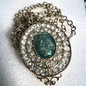 Statement Necklace Gold-Tone Medallion Rhinestone Halo Green Glitter Cabochon